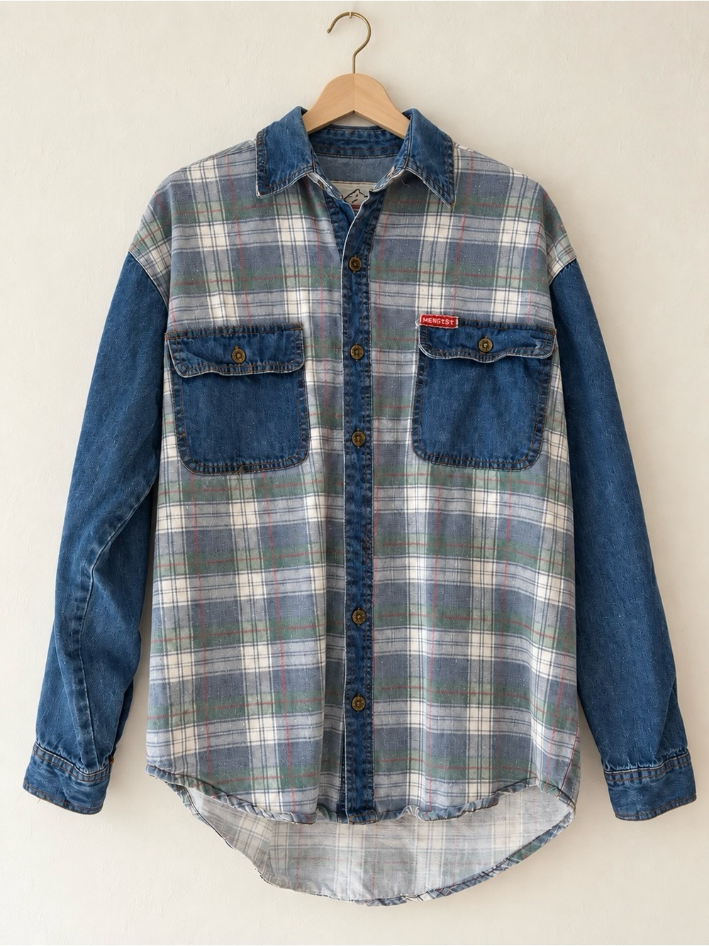 Vintage Denim & Plaid Flannel Patchwork Shirt – Men’s S/M | Women’s L